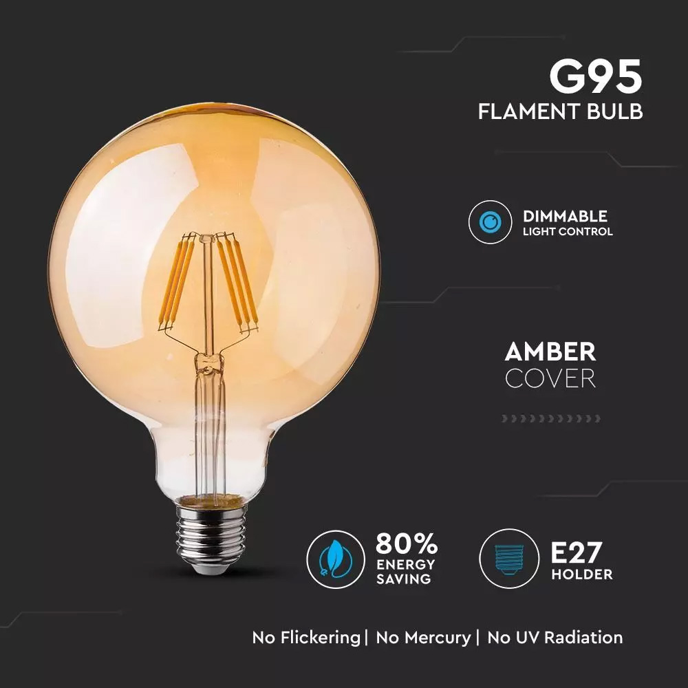 Bec LED - 6W, Filament, E27, G95, Amber 2700K, Dimabil