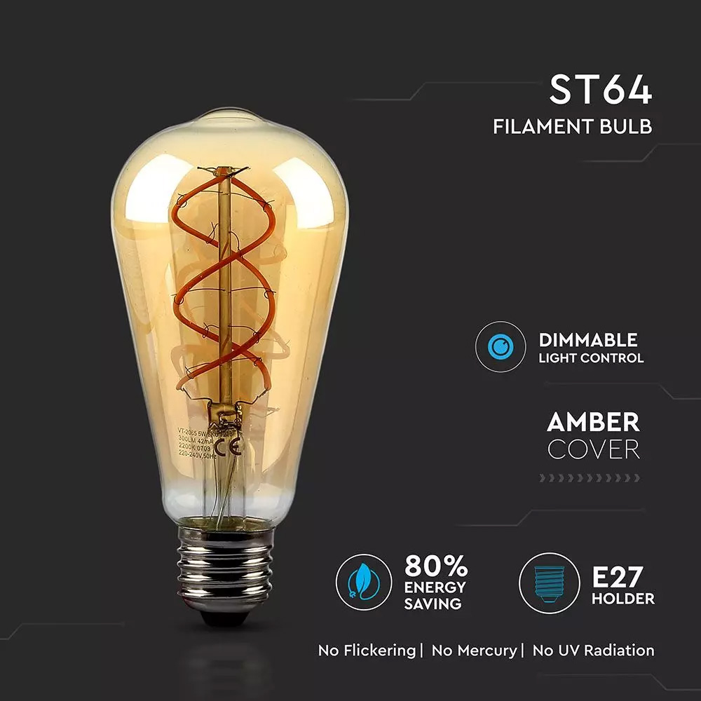 Bec LED 5W, ST64,  Filament, Sticla, 2200K Dimabil