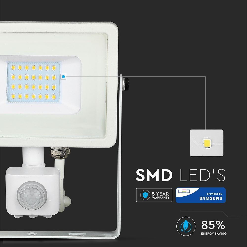 Proiector LED 20W cu Senzor Pir, Lumina Calda, Corp Alb, Cip Samsung
