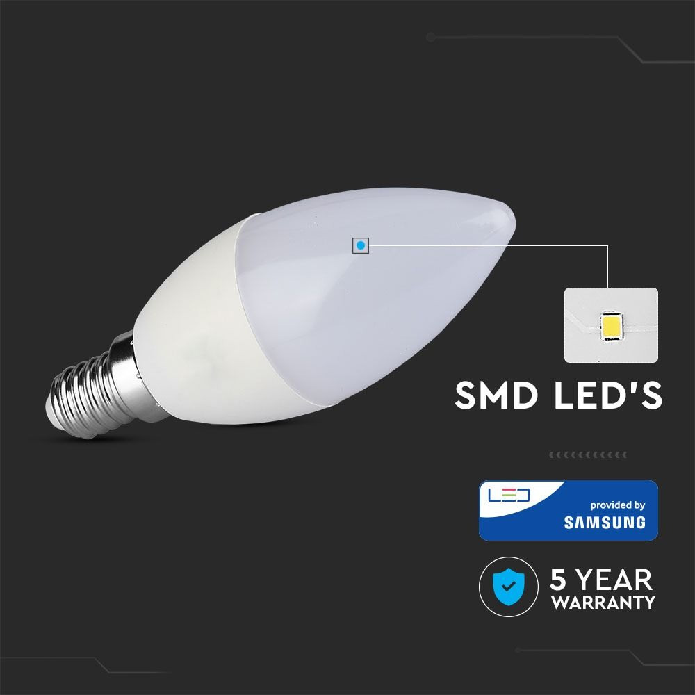 Bec LED 7W, E14, Plastic, Lumanare, Lumina Rece 6400K - CIP SAMSUNG