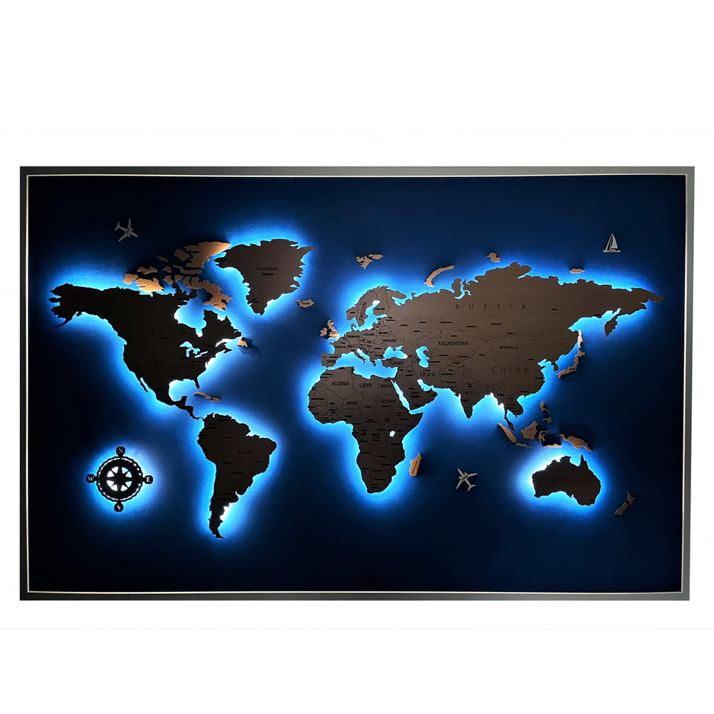 Harta Lumii Traforata din Lemn Iluminata, Lumina Calda 3000K cu Telecomanda