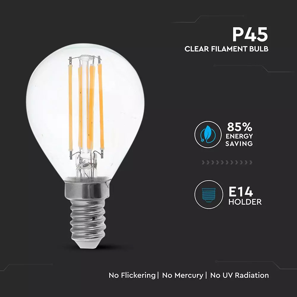 Bec LED 6W, Filament, E14, P45, Clear Cover, 4000K, 130lm/W