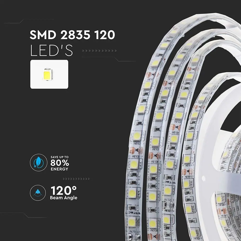 Bandă LED SMD 2835, 120 LEDs, 24V, IP65, 3000K, PCB dublu, 10m